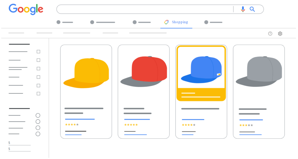 Exemples de produits en vente sur Google Shopping ; ici des casquettes.